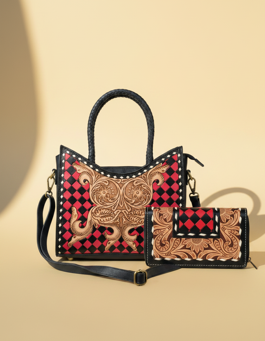 Red and black checkerboard tooled leather tote, shown with matching tooled wallet, by Ya Qalbi