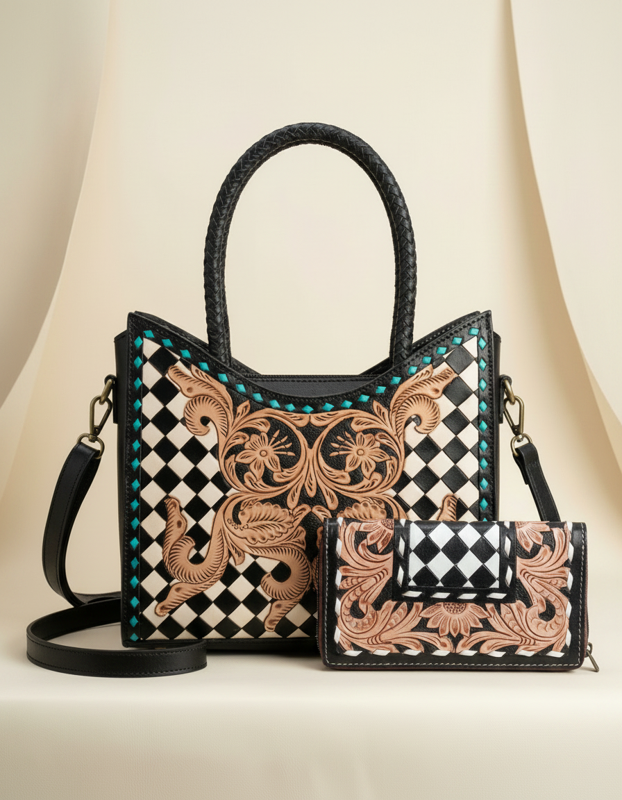 Black and white checkerboard tooled leather tote, shown with matching tooled wallet, by Ya Qalbi