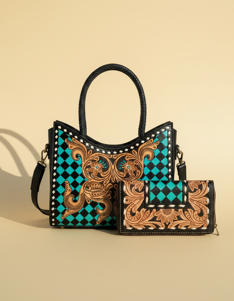 Turquoise checkerboard tooled leather tote, shown with matching tooled wallet, by Ya Qalbi