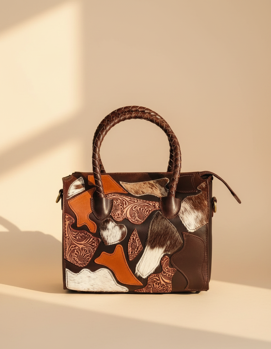 Brown leather barrel bag with hair-on cowhide patches, front view, by Ya Qalbi