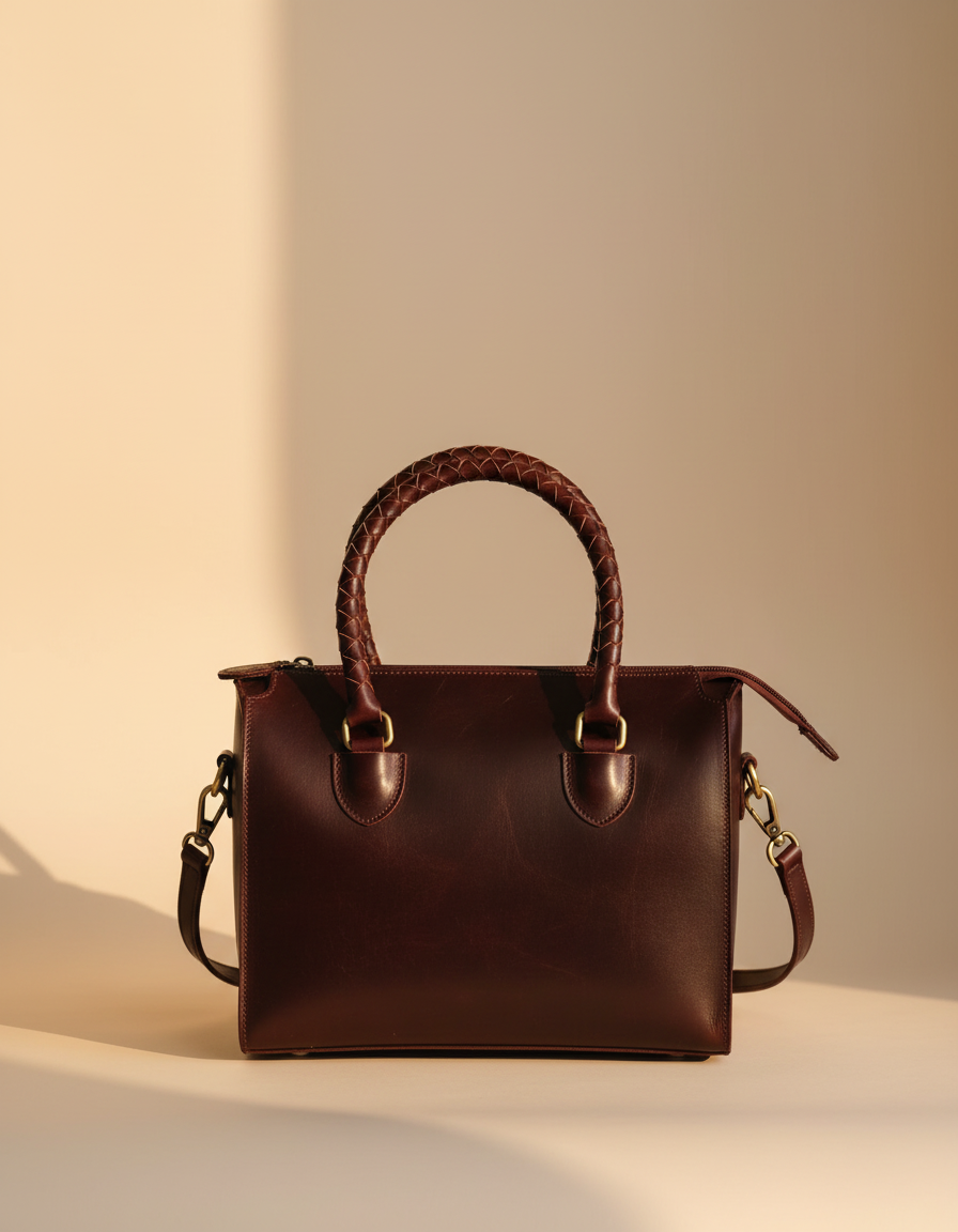 Brown leather barrel bag with hair-on cowhide patches, back view, by Ya Qalbi