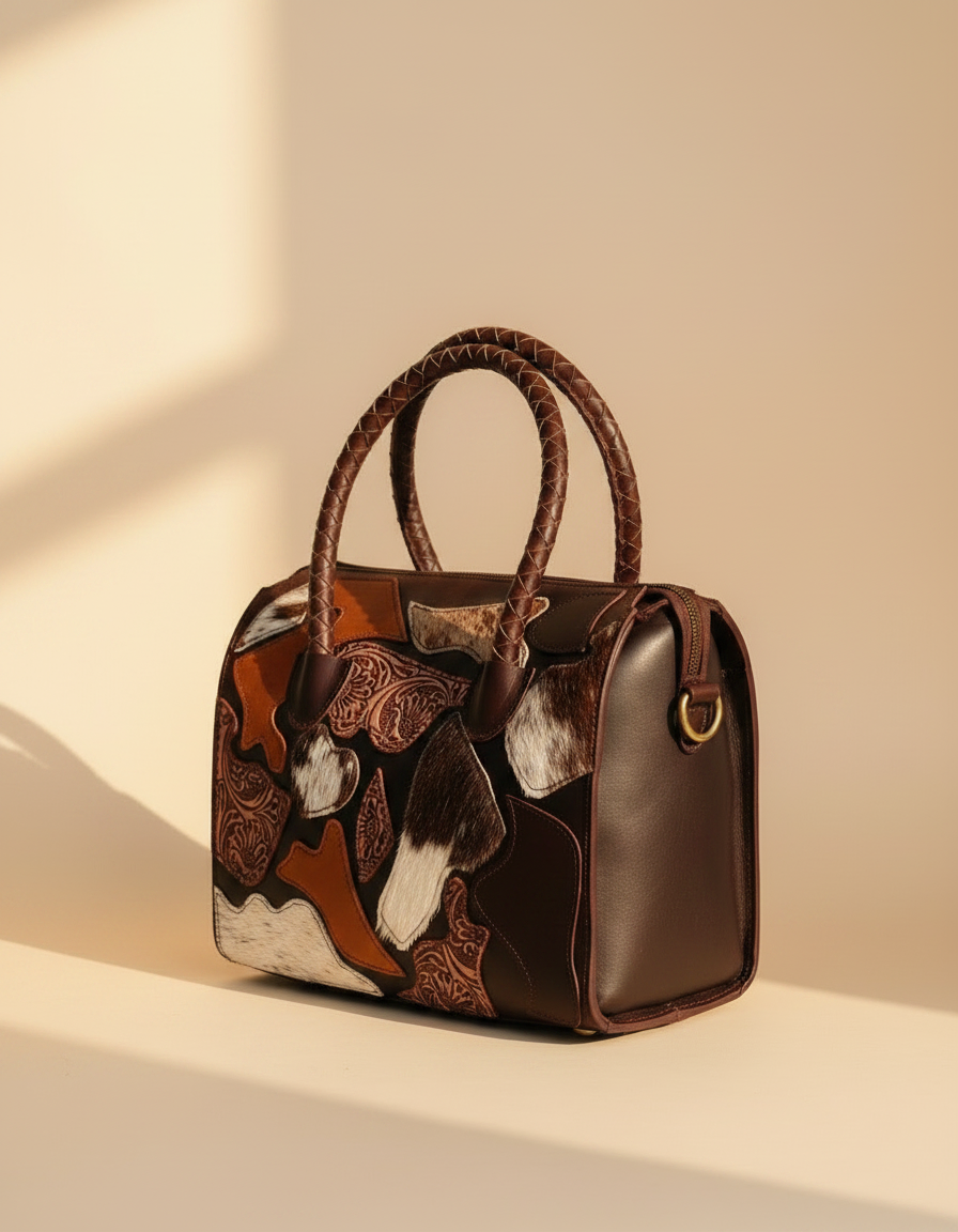 Brown leather barrel bag with hair-on cowhide patches, angled view, by Ya Qalbi