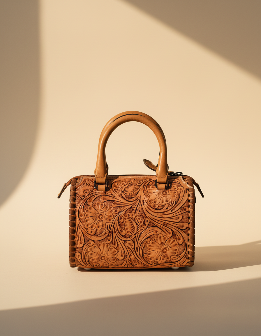 Tan hand-tooled leather barrel bag, front view, by Ya Qalbi