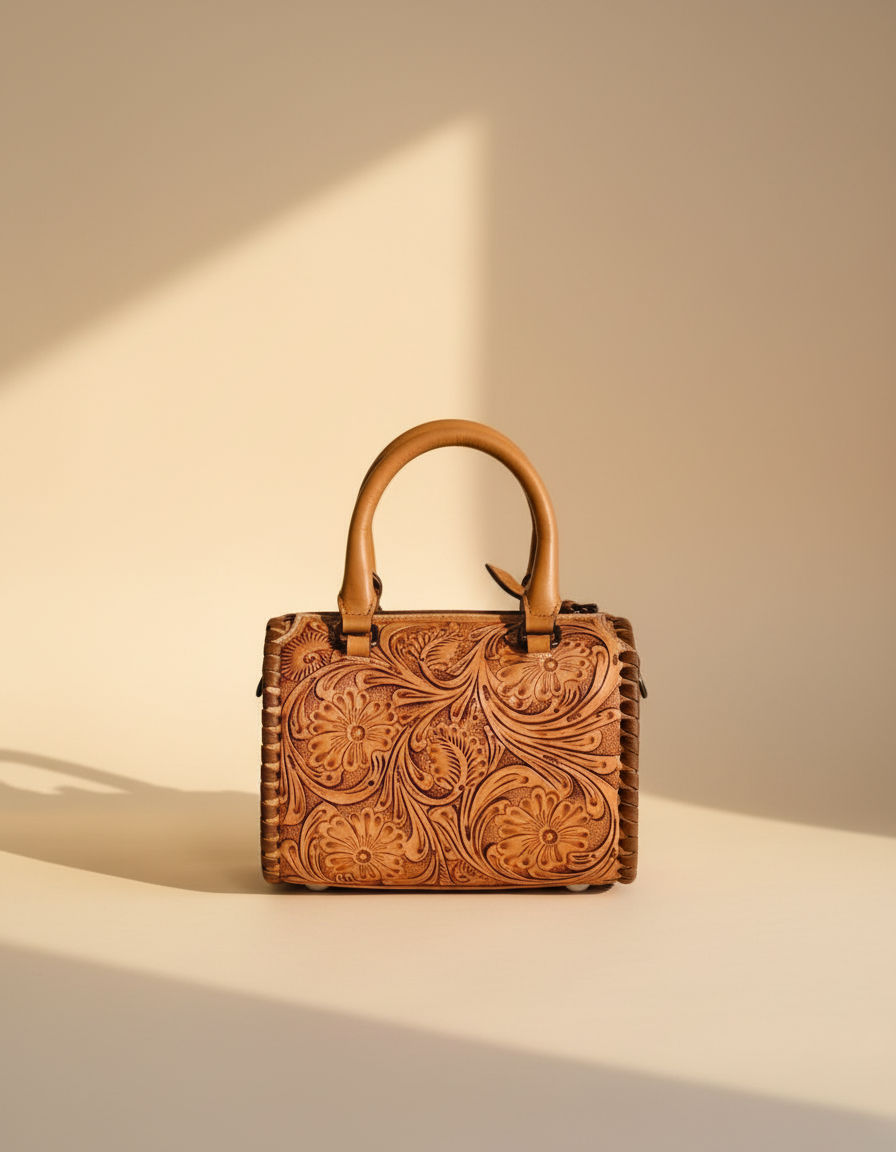 Tan hand-tooled leather barrel bag, detail close-up, by Ya Qalbi