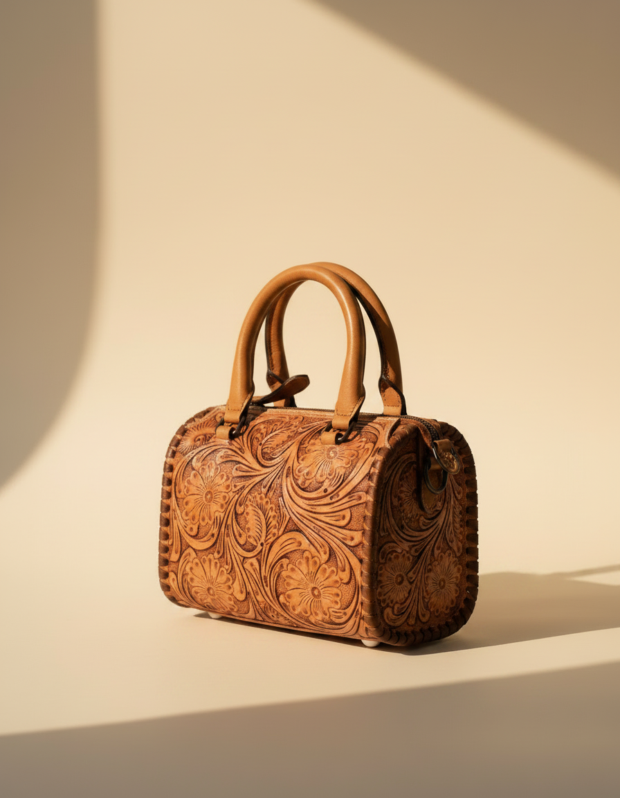 Tan hand-tooled leather barrel bag, angled view, by Ya Qalbi