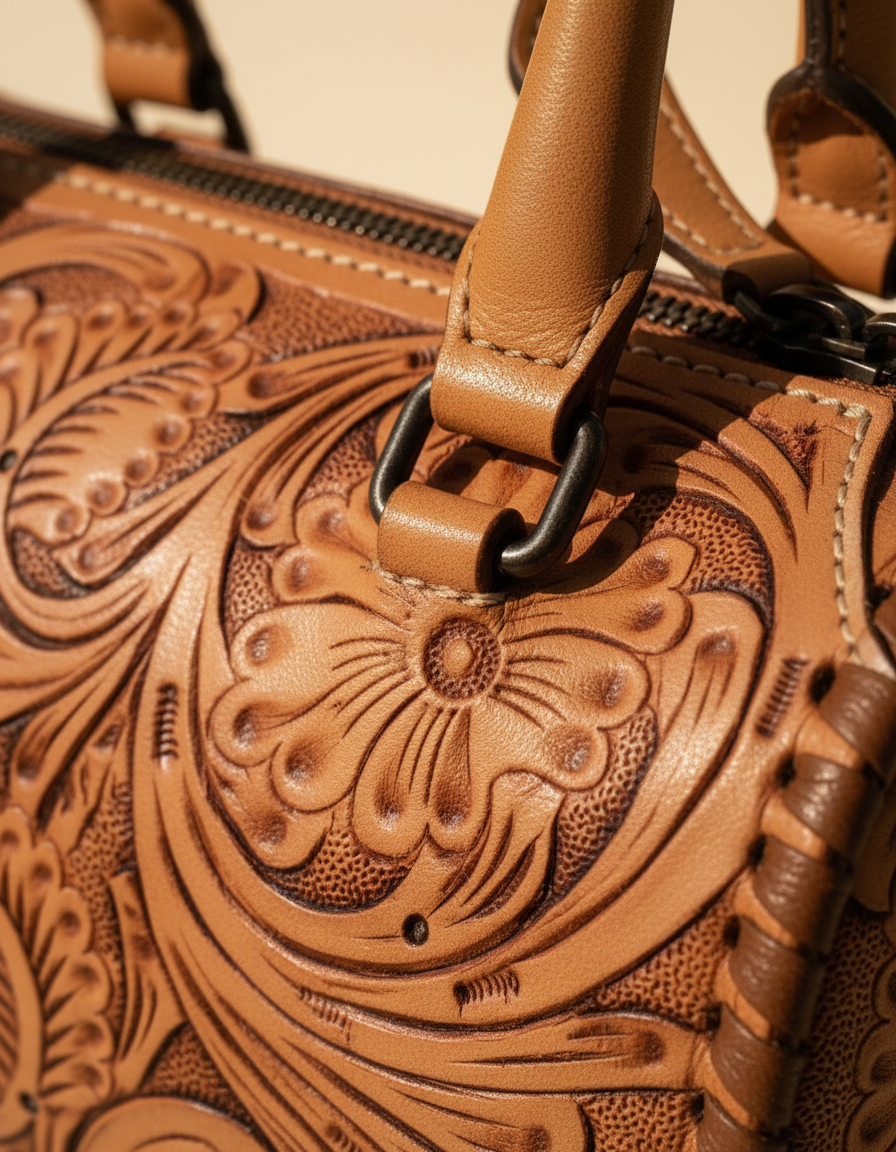 Tan hand-tooled leather barrel bag, detail close-up, by Ya Qalbi