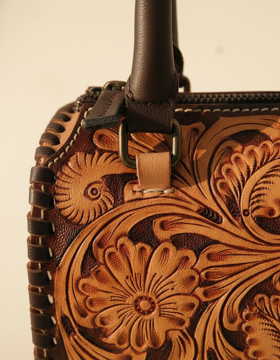 Tan and dark brown hand-tooled leather barrel bag, detail close-up, by Ya Qalbi