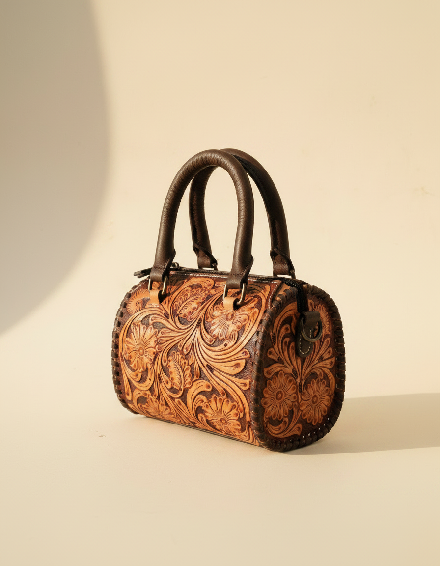 Tan and dark brown hand-tooled leather barrel bag, detail close-up, by Ya Qalbi