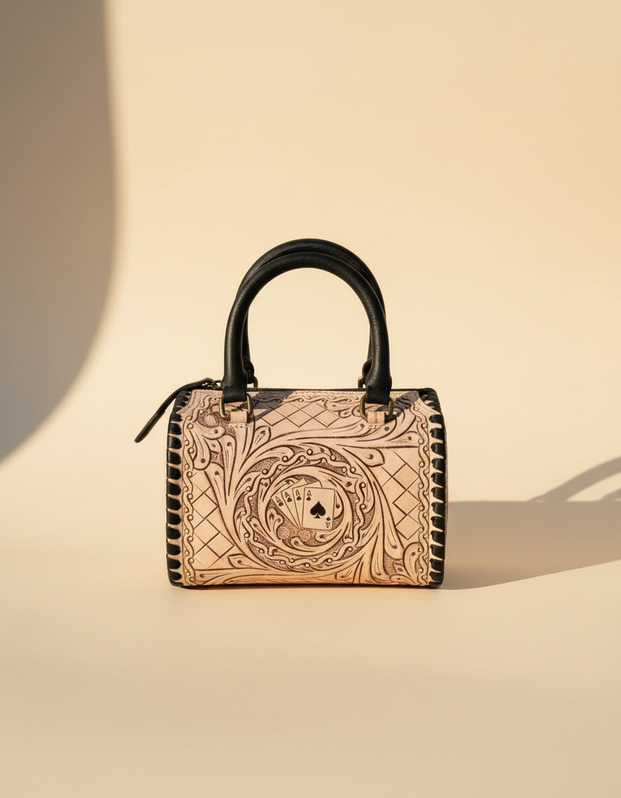 Cream ace of spades hand-tooled leather barrel bag, front view, by Ya Qalbi