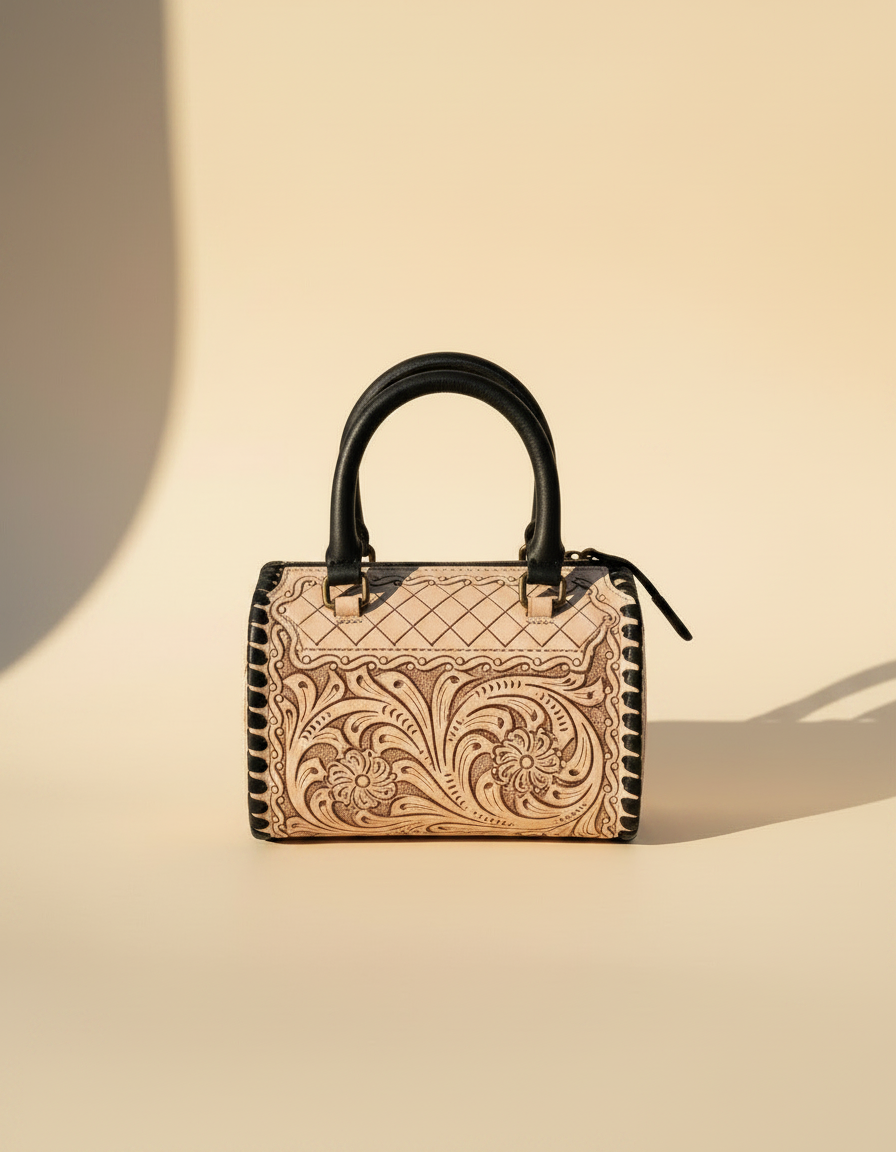 Cream ace of spades hand-tooled leather barrel bag, angled view, by Ya Qalbi