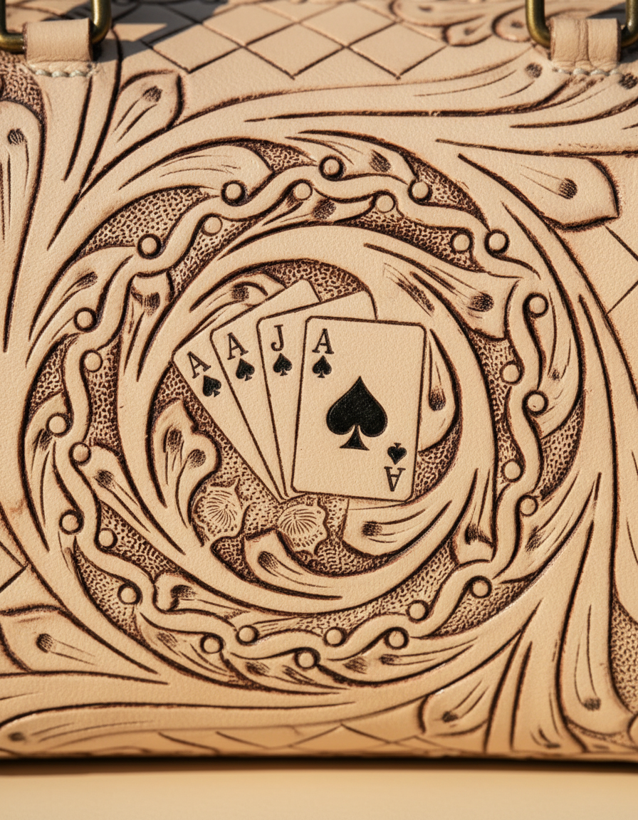 Cream ace of spades hand-tooled leather barrel bag, detail close-up, by Ya Qalbi