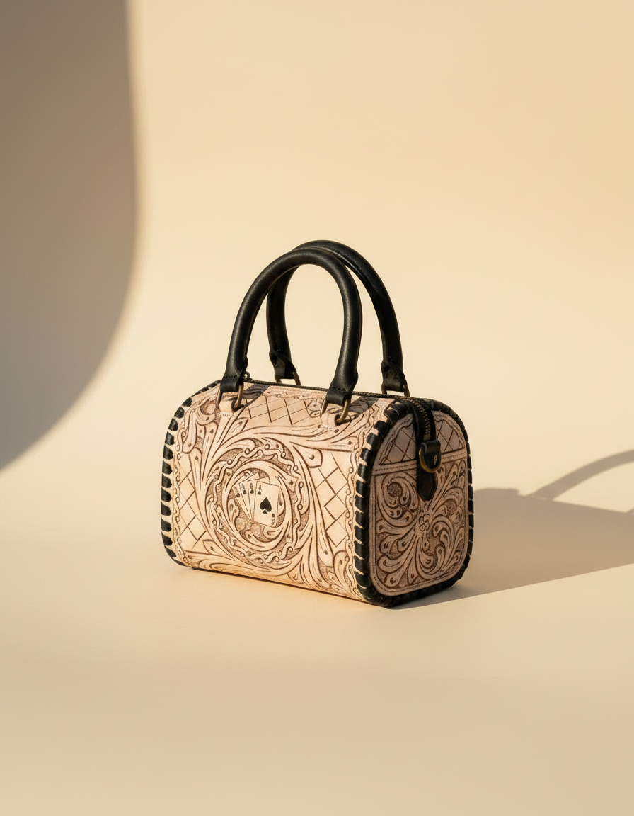 Cream ace of spades hand-tooled leather barrel bag, detail close-up, by Ya Qalbi