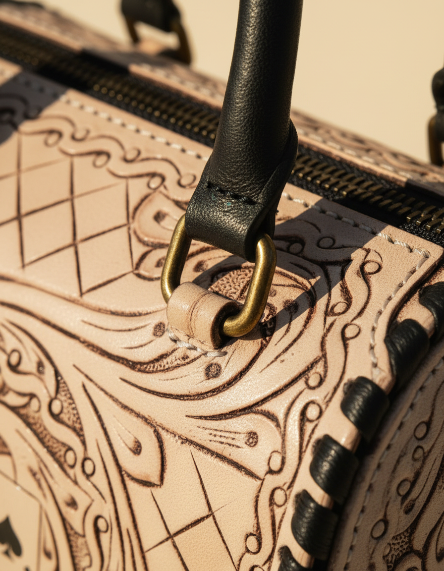 Cream ace of spades hand-tooled leather barrel bag, detail close-up, by Ya Qalbi