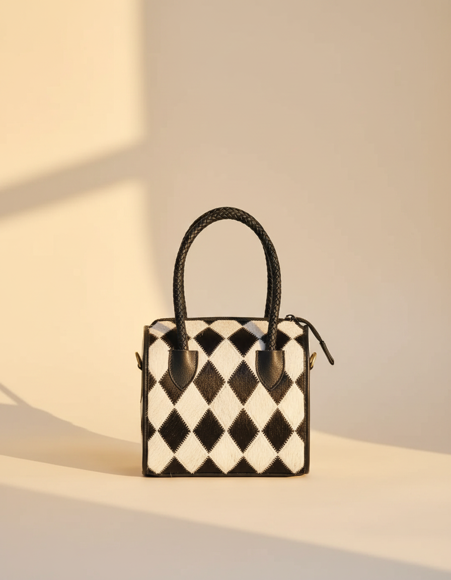 Black and white harlequin leather barrel bag, front view, by Ya Qalbi
