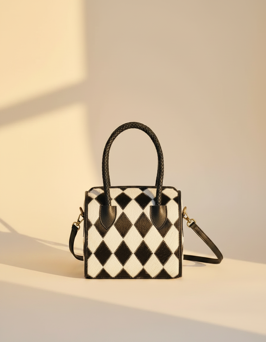 Black and white harlequin leather barrel bag, angled view, by Ya Qalbi