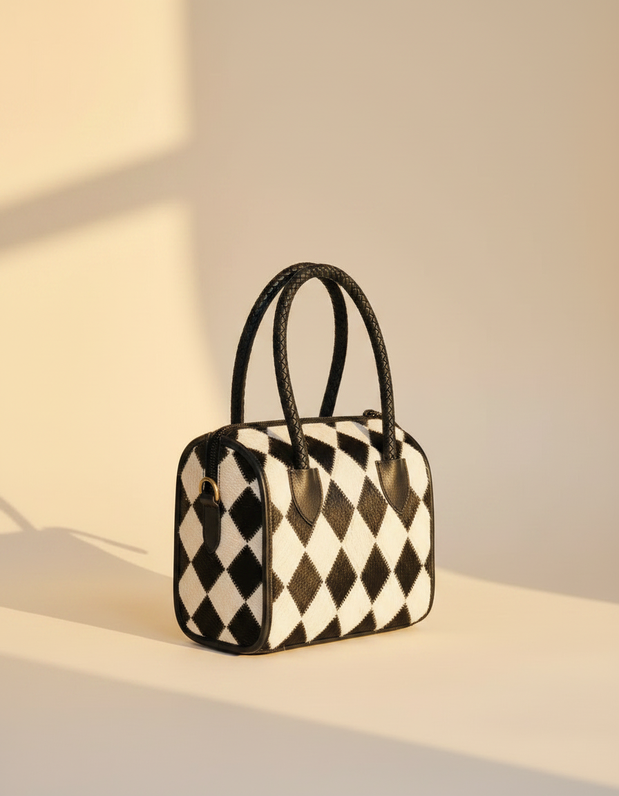 Black and white harlequin leather barrel bag, detail close-up, by Ya Qalbi