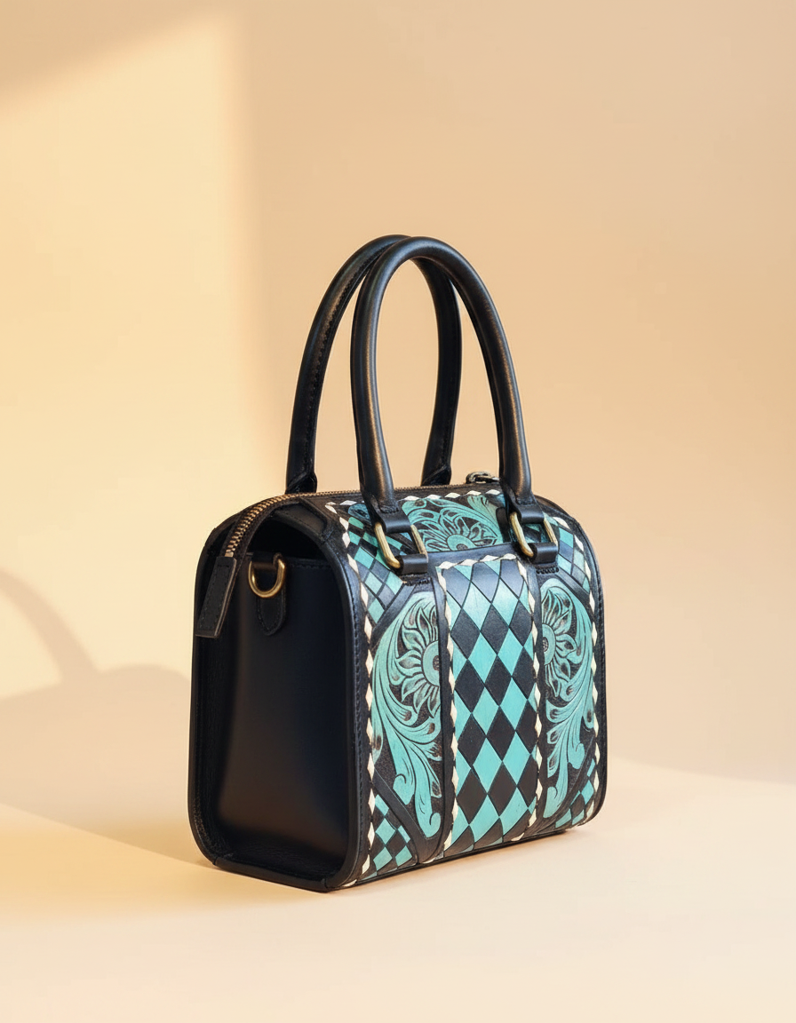 Turquoise harlequin hand-tooled leather barrel bag, angled view, by Ya Qalbi