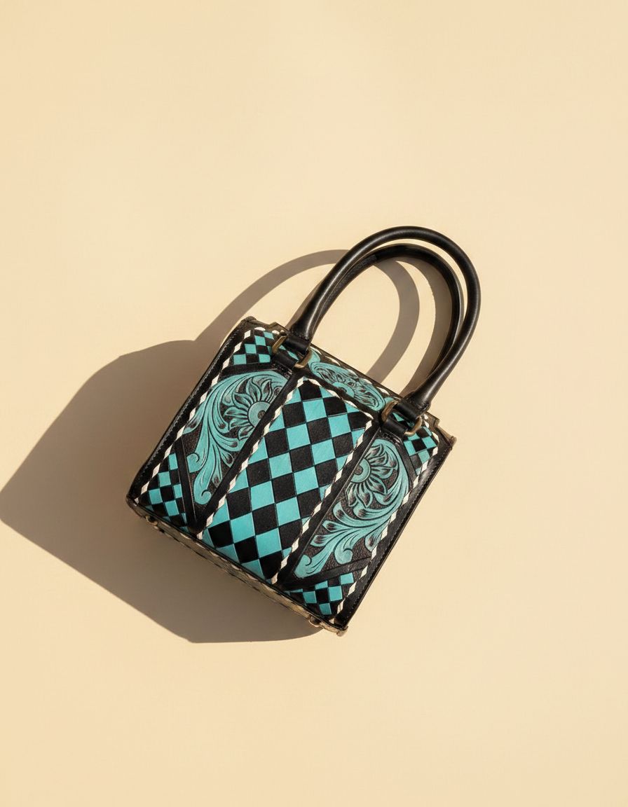 Turquoise harlequin hand-tooled leather barrel bag, detail close-up, by Ya Qalbi