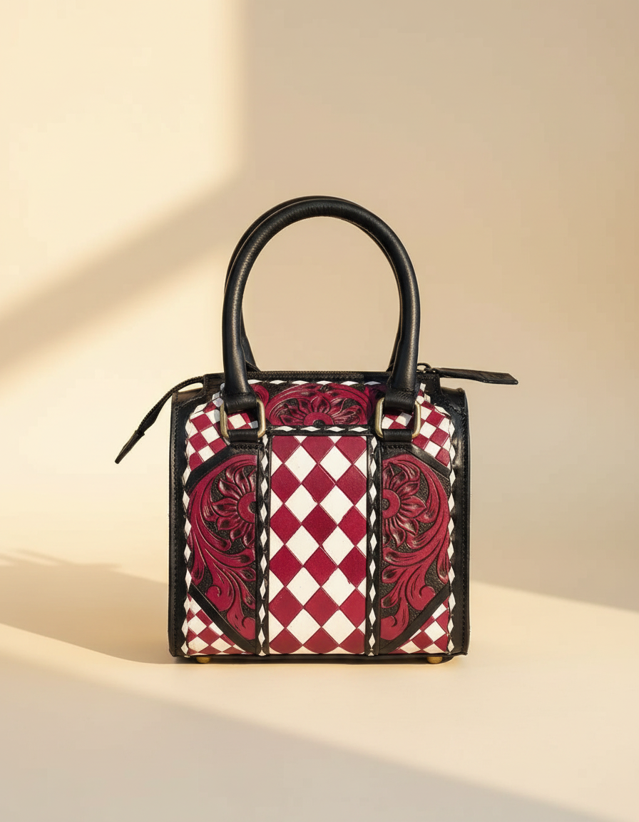 Burgundy harlequin hand-tooled leather barrel bag, front view, by Ya Qalbi