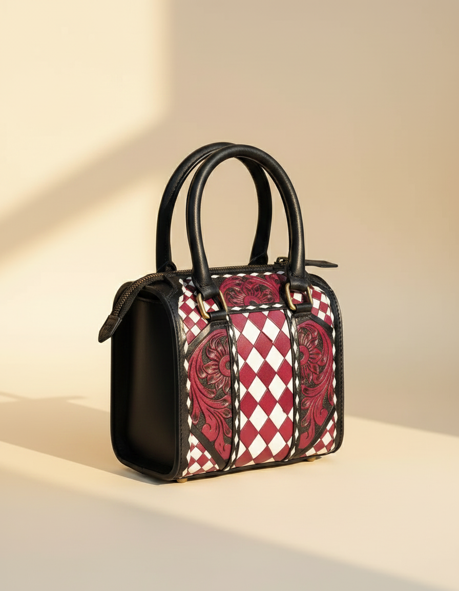 Burgundy harlequin hand-tooled leather barrel bag, detail close-up, by Ya Qalbi