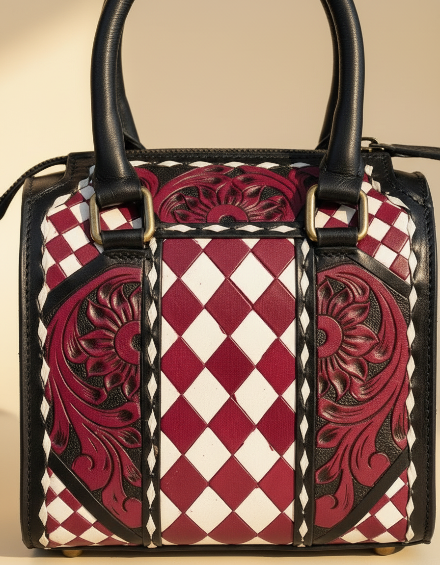 Burgundy harlequin hand-tooled leather barrel bag, detail close-up, by Ya Qalbi