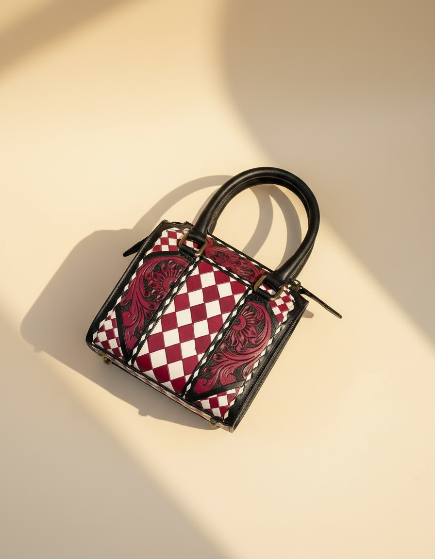Burgundy harlequin hand-tooled leather barrel bag, detail close-up, by Ya Qalbi