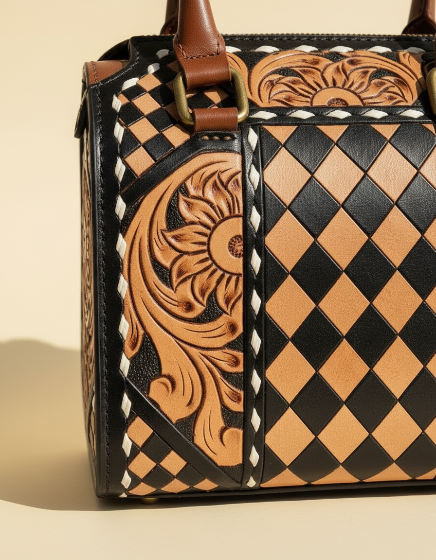 Tan harlequin hand-tooled leather barrel bag, detail close-up, by Ya Qalbi
