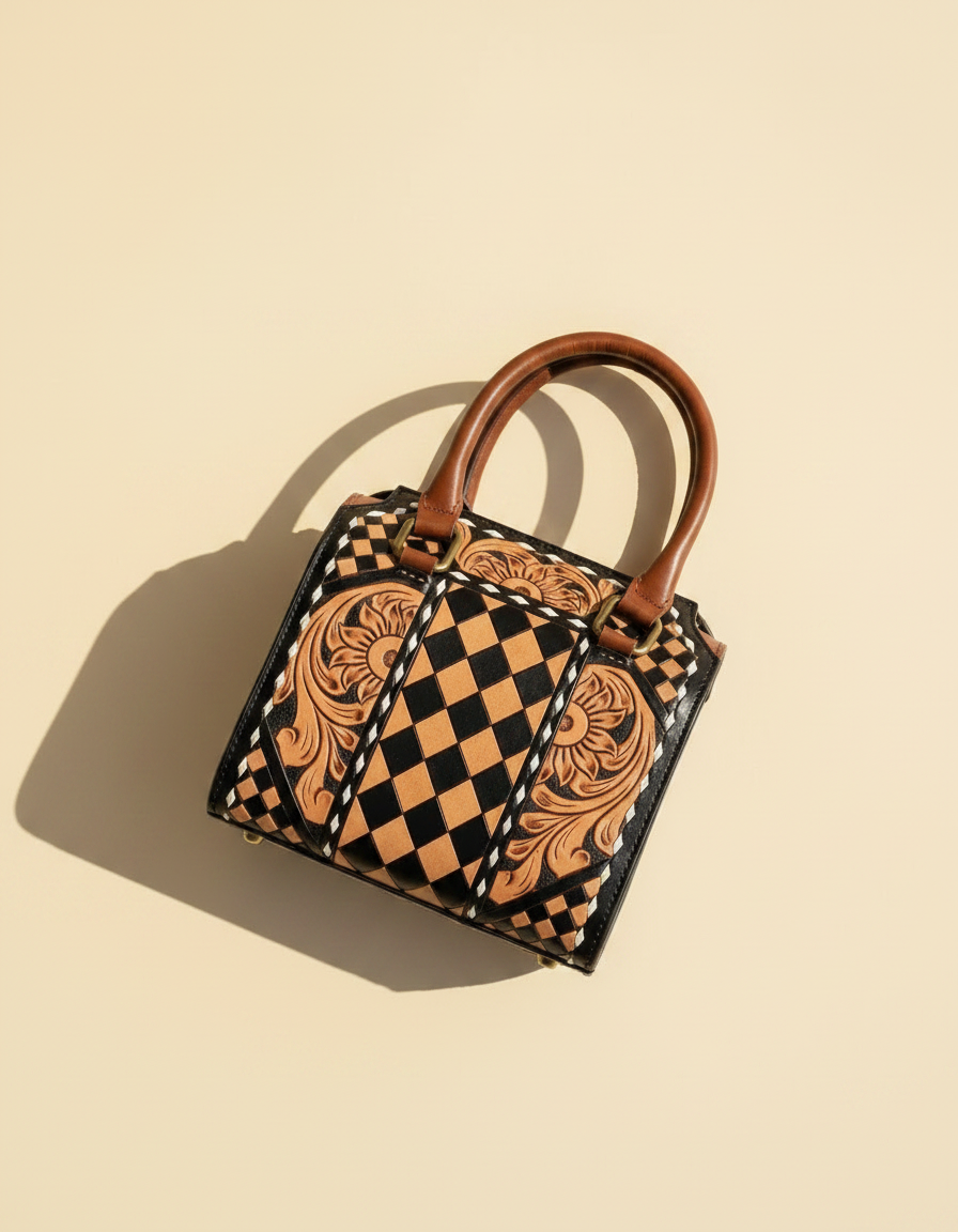 Tan harlequin hand-tooled leather barrel bag, detail close-up, by Ya Qalbi