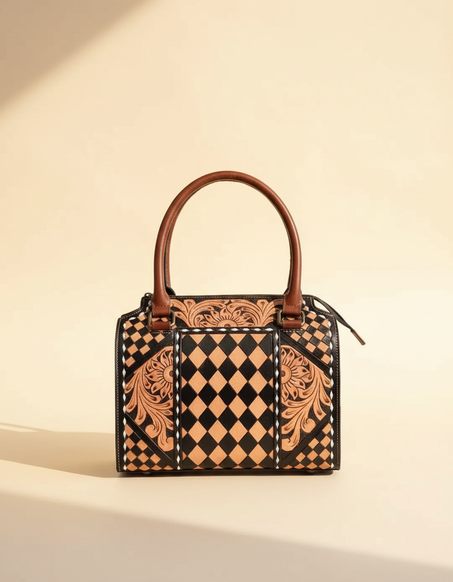 Tan harlequin hand-tooled leather barrel bag, angled view, by Ya Qalbi