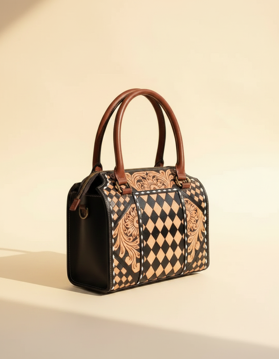 Tan harlequin hand-tooled leather barrel bag, detail close-up, by Ya Qalbi