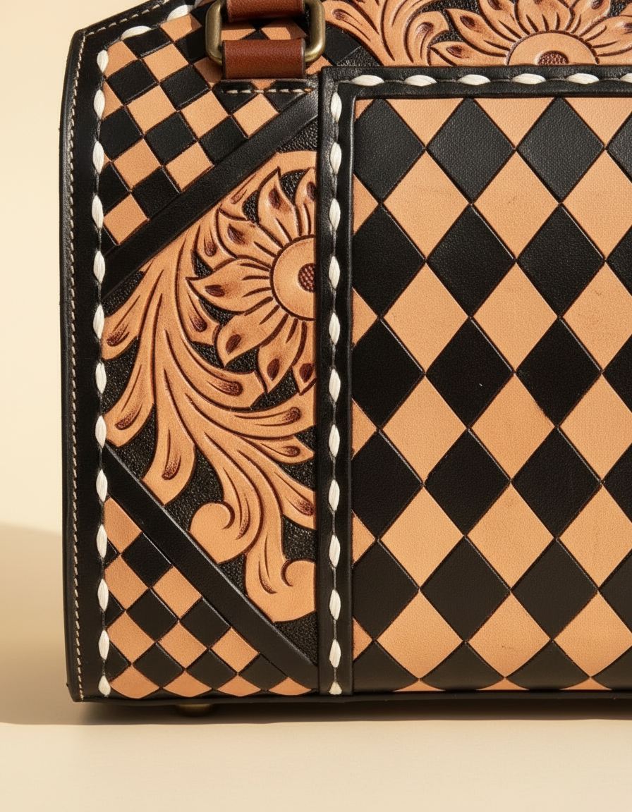 Tan harlequin hand-tooled leather barrel bag, detail close-up, by Ya Qalbi