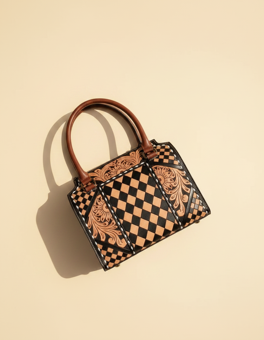 Tan harlequin hand-tooled leather barrel bag, detail close-up, by Ya Qalbi