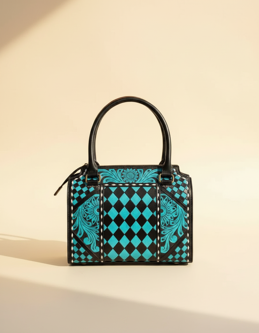 Turquoise harlequin hand-tooled leather barrel bag, front view, by Ya Qalbi