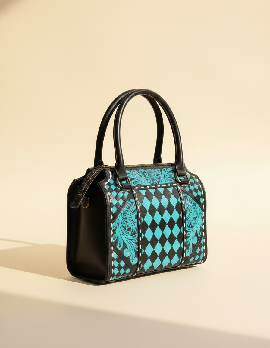 Turquoise harlequin hand-tooled leather barrel bag, detail close-up, by Ya Qalbi