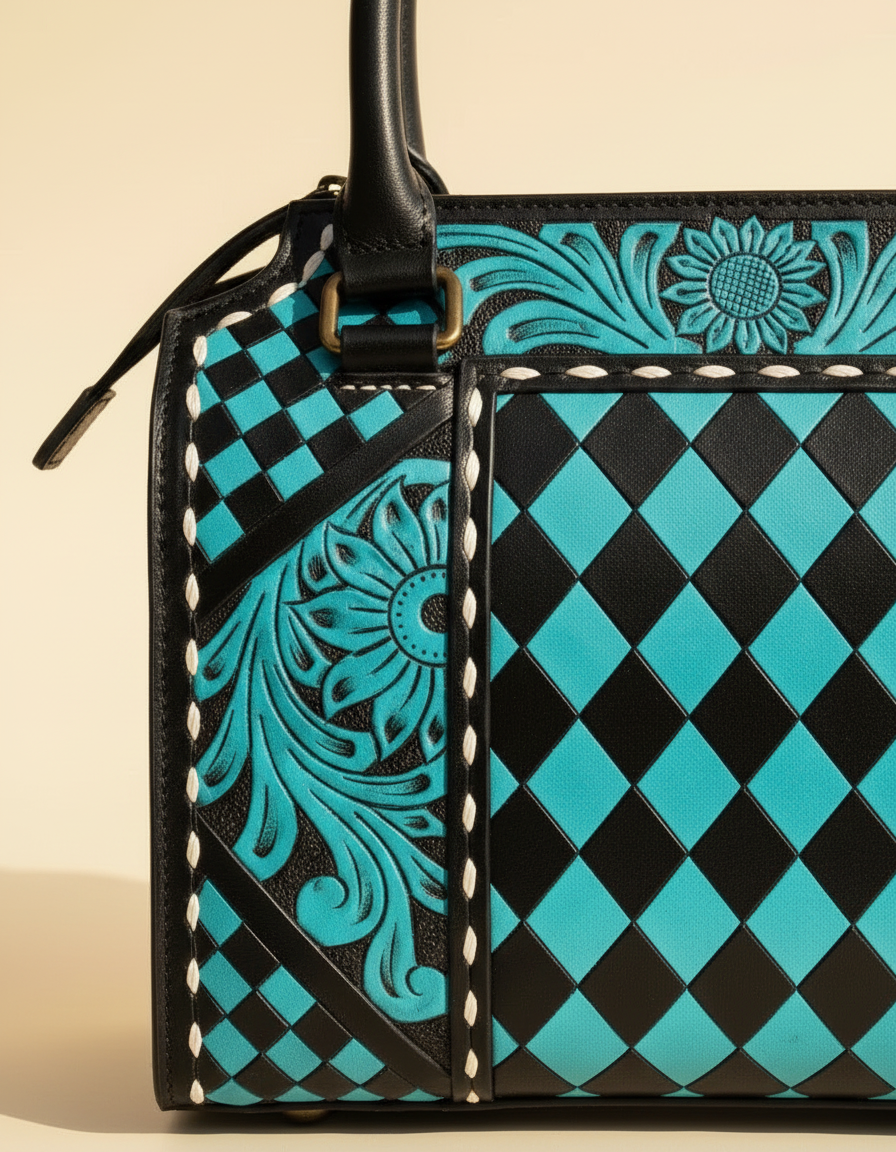 Turquoise harlequin hand-tooled leather barrel bag, detail close-up, by Ya Qalbi