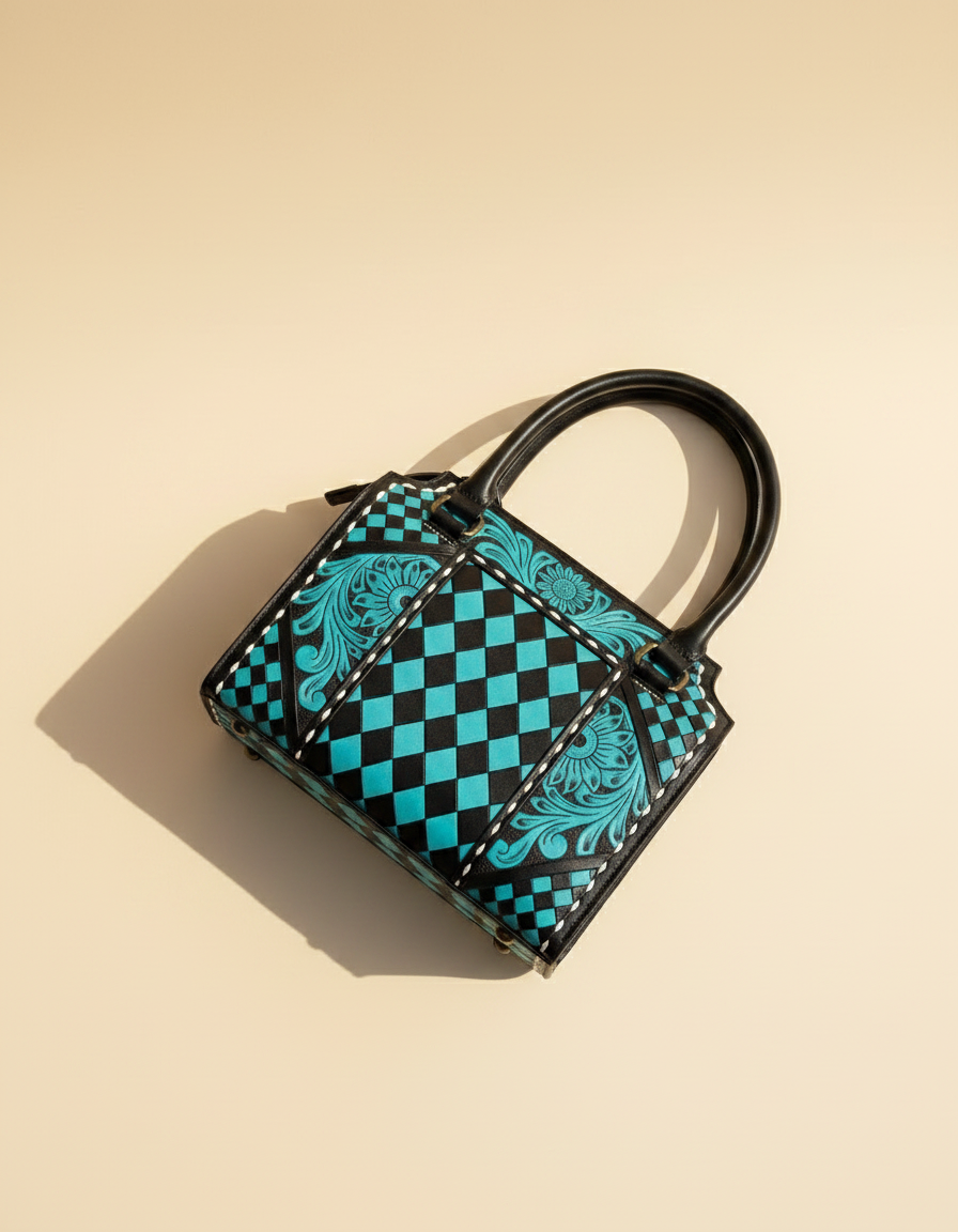 Turquoise harlequin hand-tooled leather barrel bag, detail close-up, by Ya Qalbi