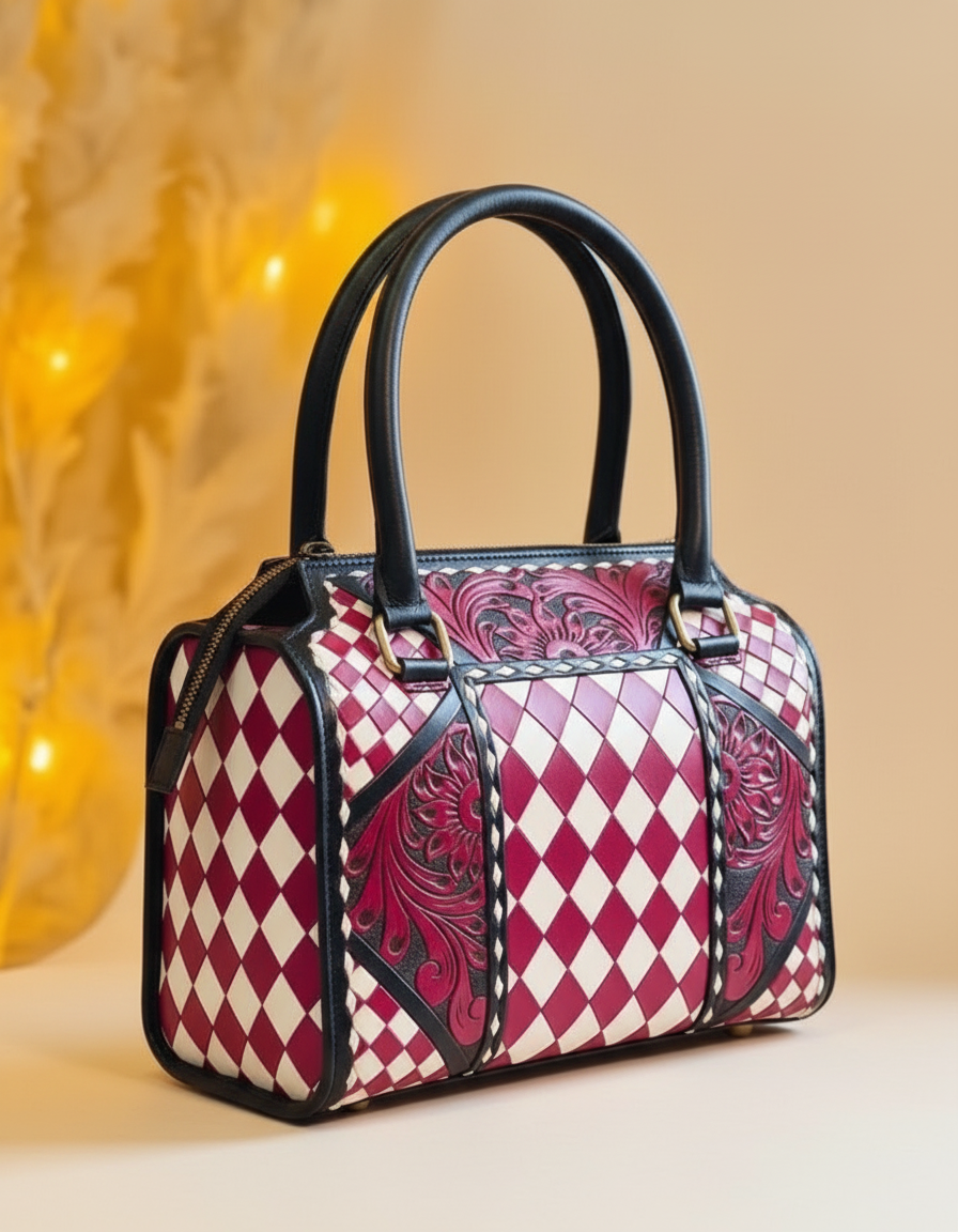 Burgundy harlequin hand-tooled leather barrel bag, detail close-up, by Ya Qalbi
