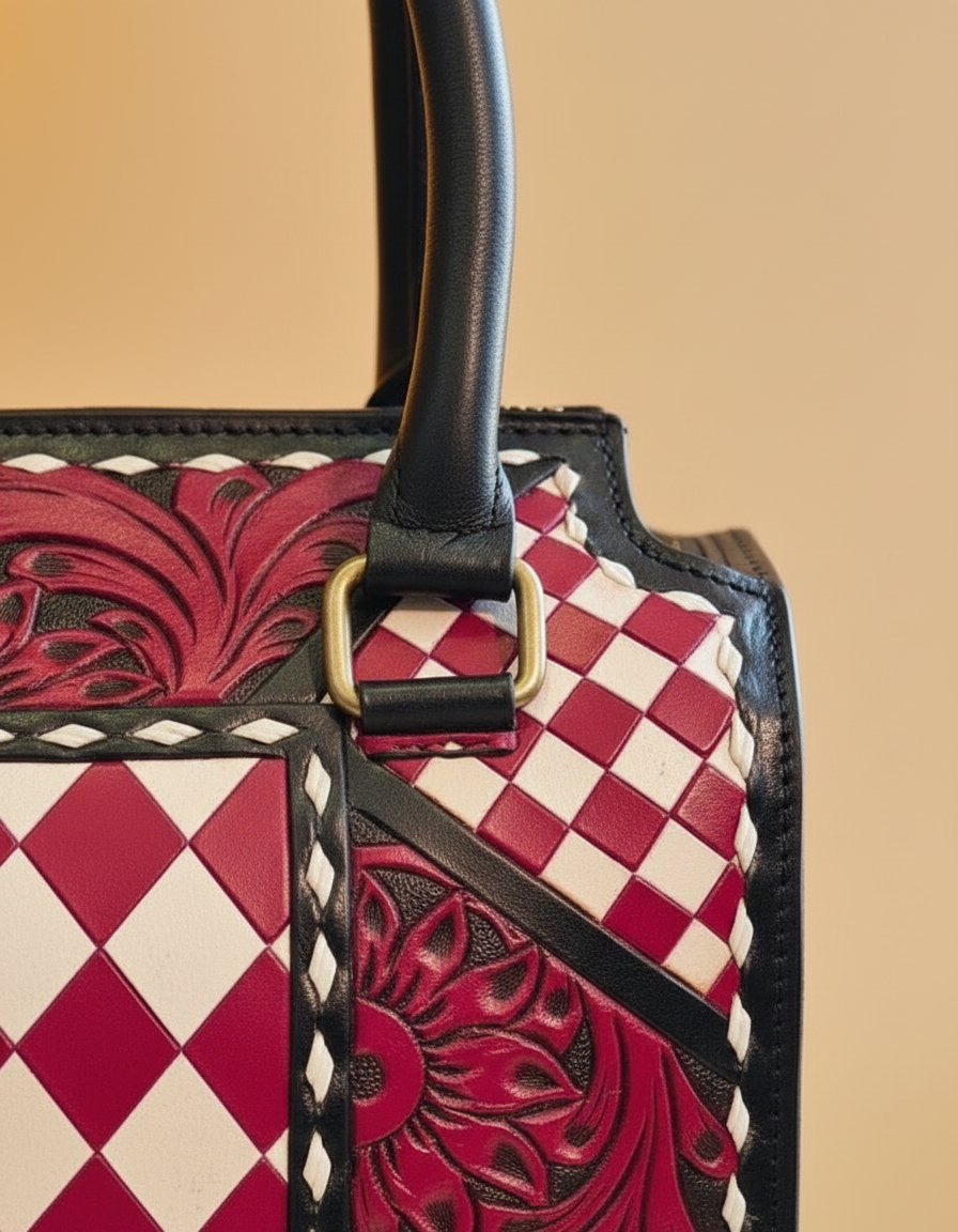 Burgundy harlequin hand-tooled leather barrel bag, detail close-up, by Ya Qalbi