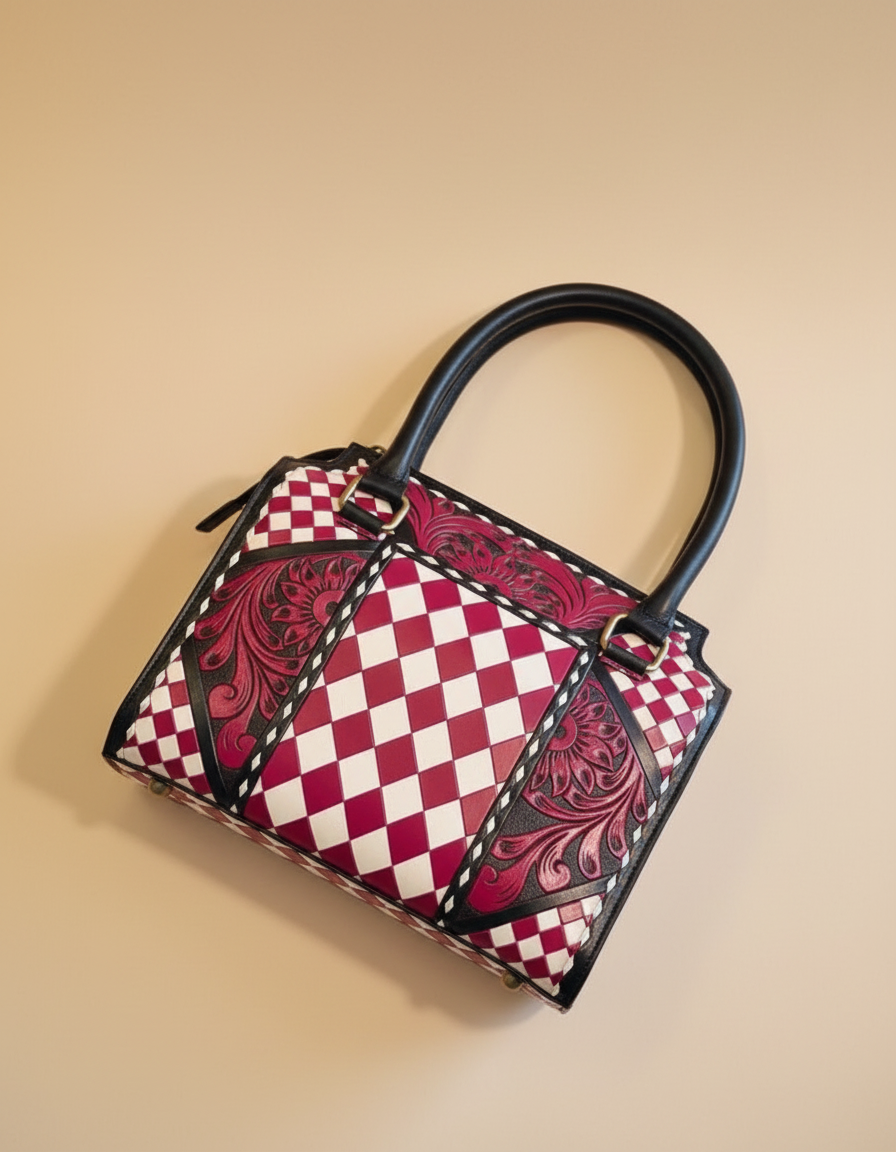 Burgundy harlequin hand-tooled leather barrel bag, detail close-up, by Ya Qalbi