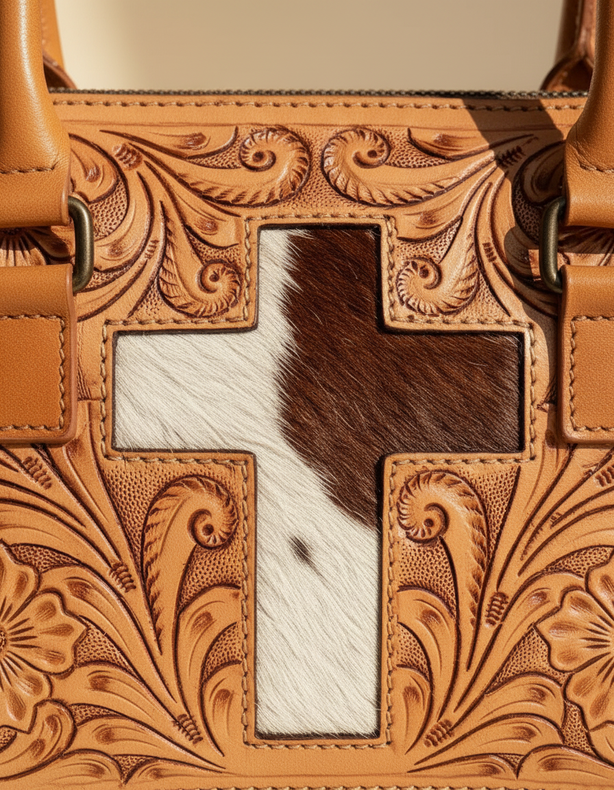 Tan tooled leather barrel bag with hair-on cowhide cross, detail close-up, by Ya Qalbi