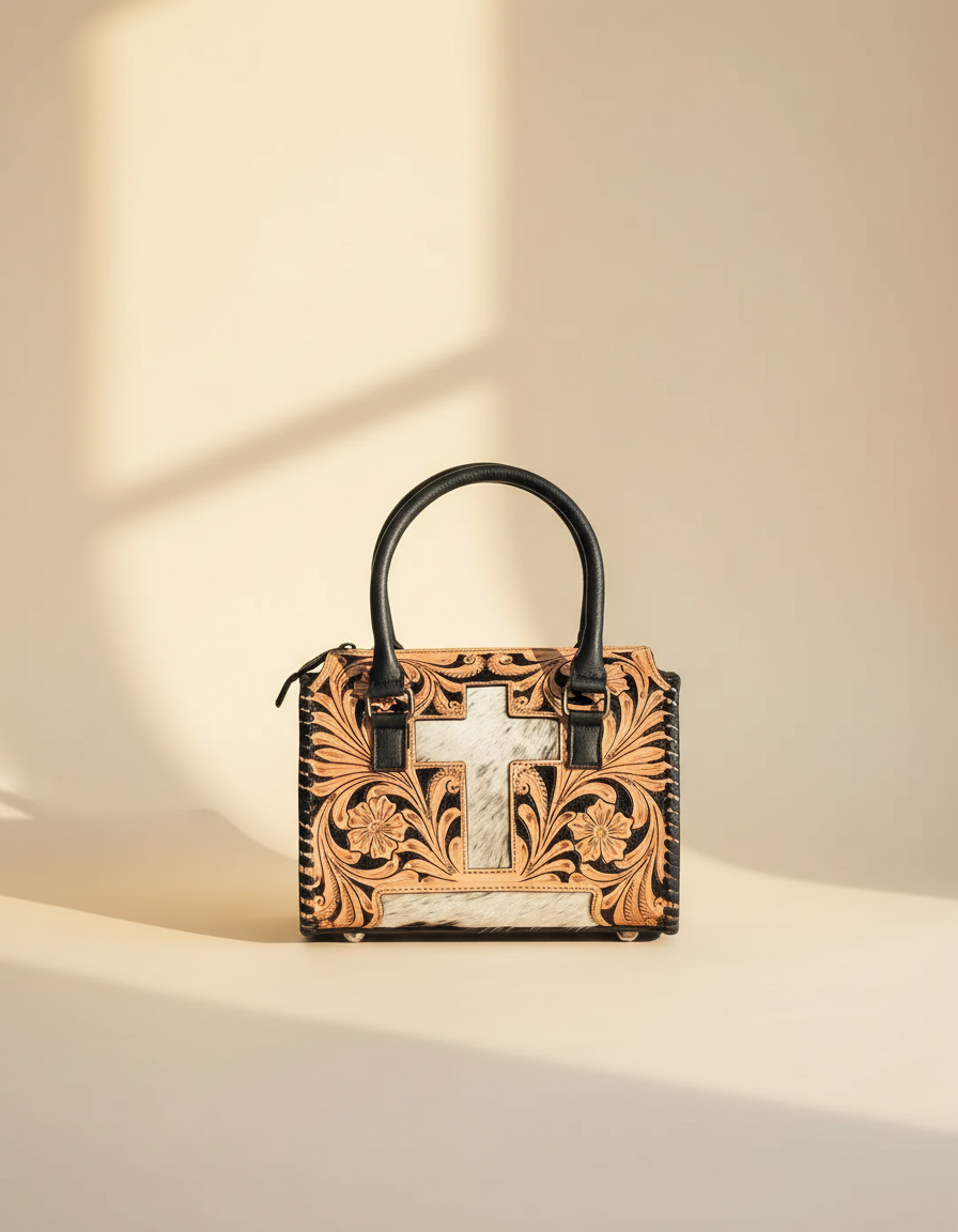 White and black tooled leather barrel bag with hair-on cowhide cross, front view, by Ya Qalbi