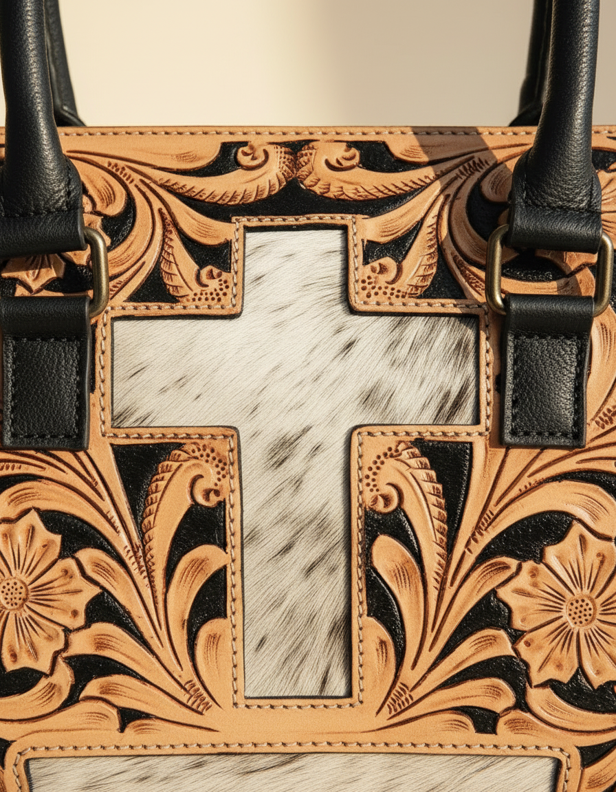 White and black tooled leather barrel bag with hair-on cowhide cross, detail close-up, by Ya Qalbi