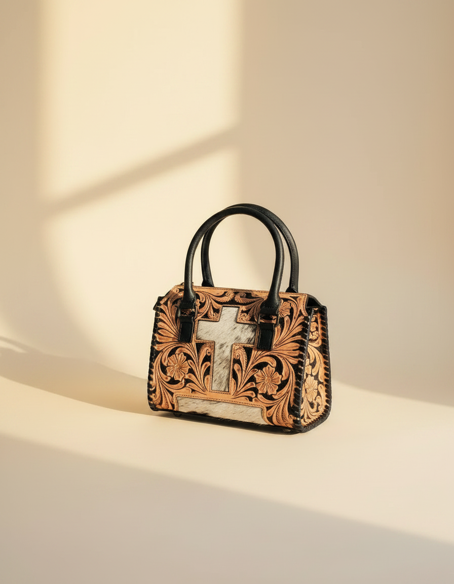 White and black tooled leather barrel bag with hair-on cowhide cross, detail close-up, by Ya Qalbi