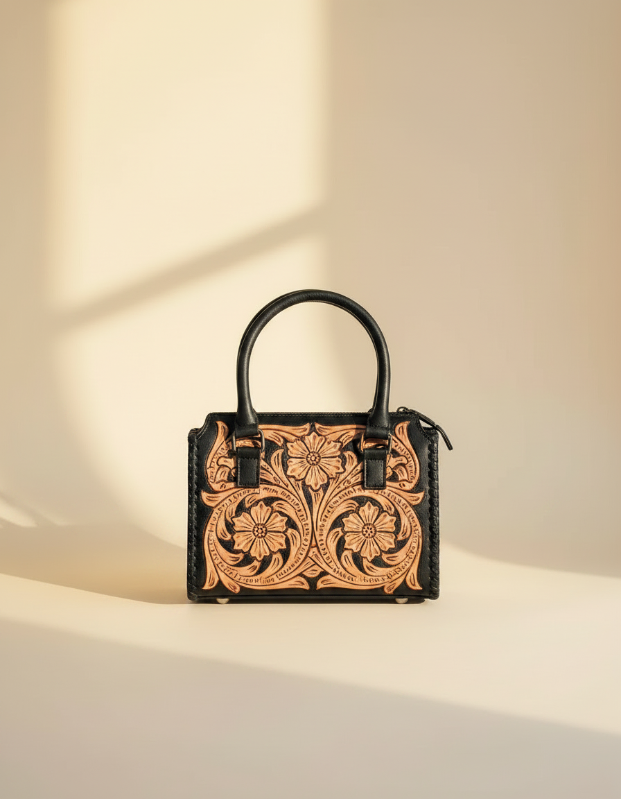 Black tooled leather barrel bag with hair-on cowhide cross, angled view, by Ya Qalbi