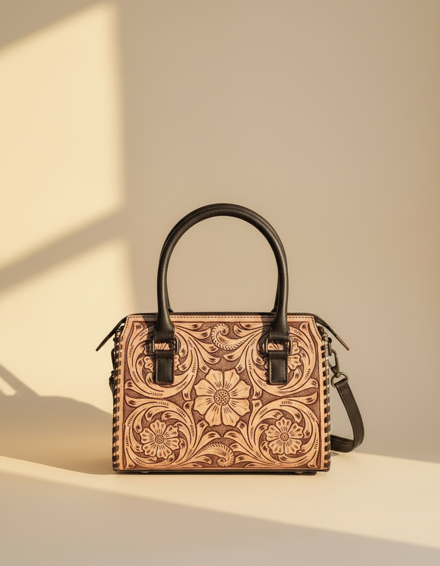Black tooled leather barrel bag with hair-on cowhide cross, detail close-up, by Ya Qalbi