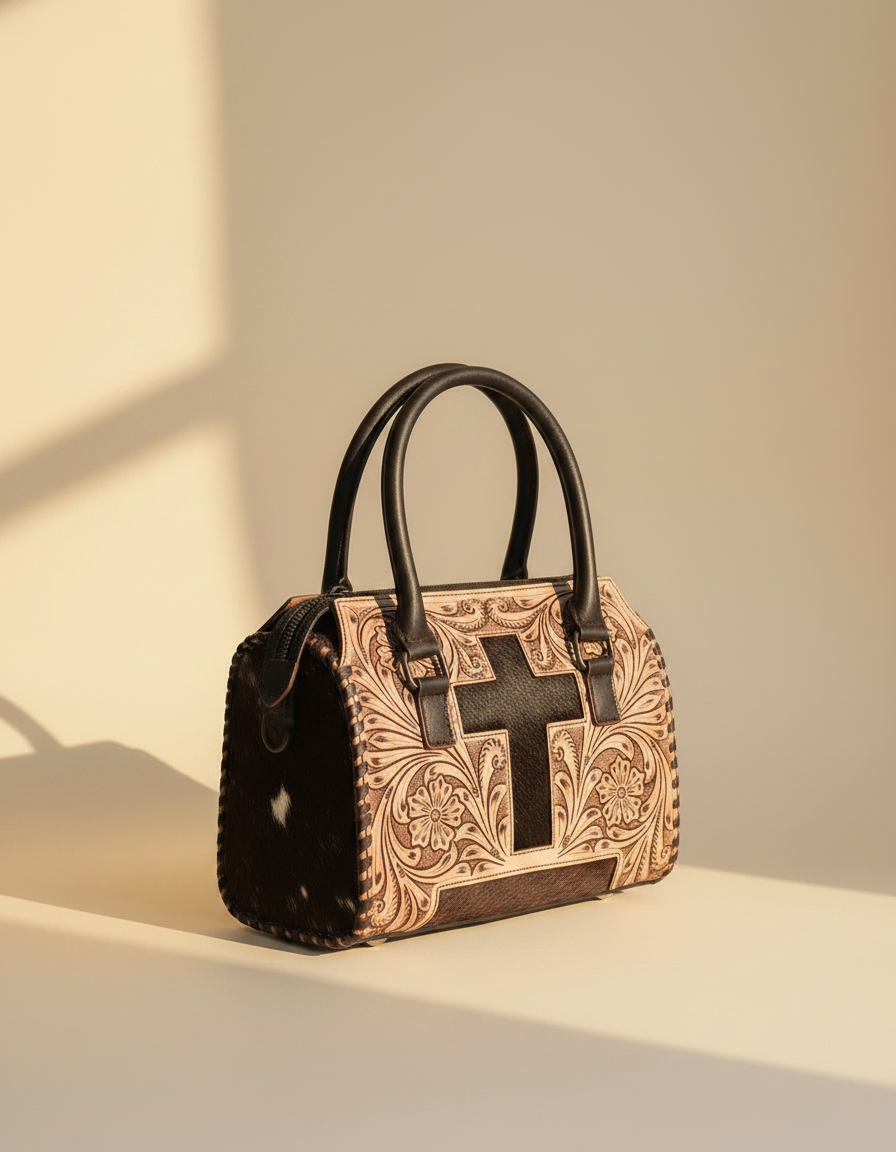 Black tooled leather barrel bag with hair-on cowhide cross, detail close-up, by Ya Qalbi
