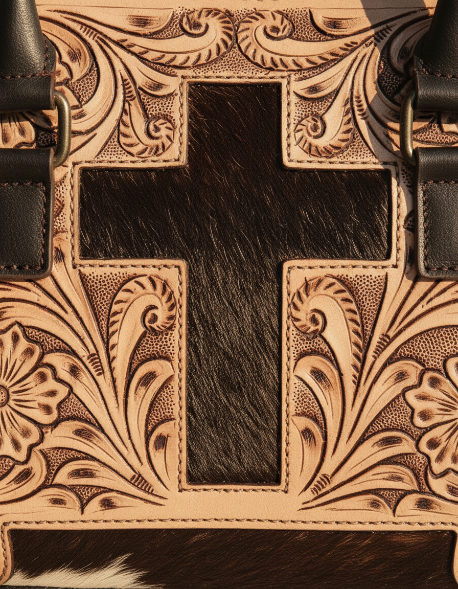 Black tooled leather barrel bag with hair-on cowhide cross, detail close-up, by Ya Qalbi