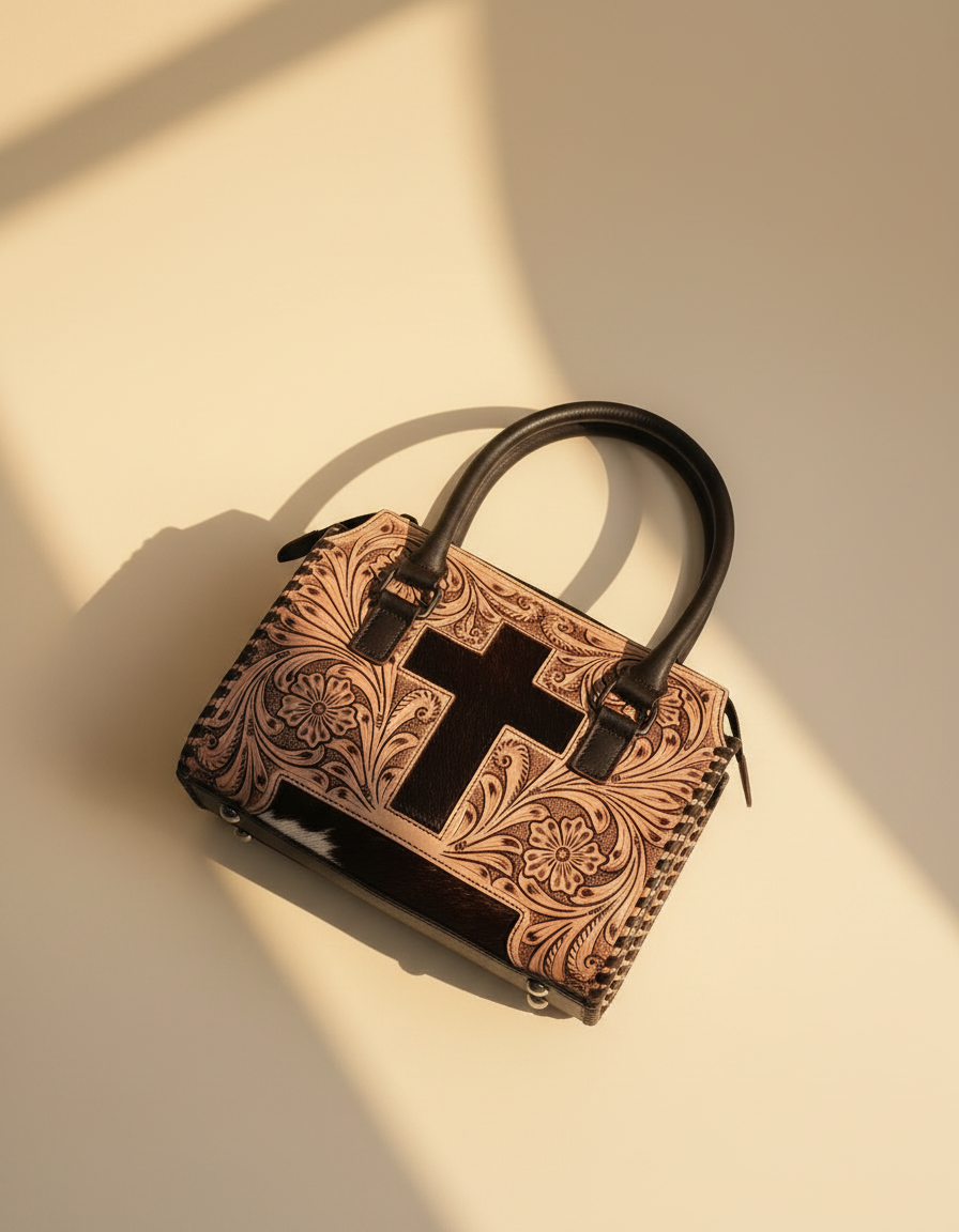 Black tooled leather barrel bag with hair-on cowhide cross, detail close-up, by Ya Qalbi