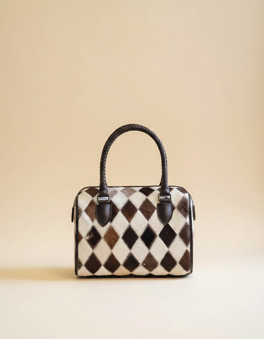 Brown and white hair-on cowhide diamond barrel bag, front view, by Ya Qalbi