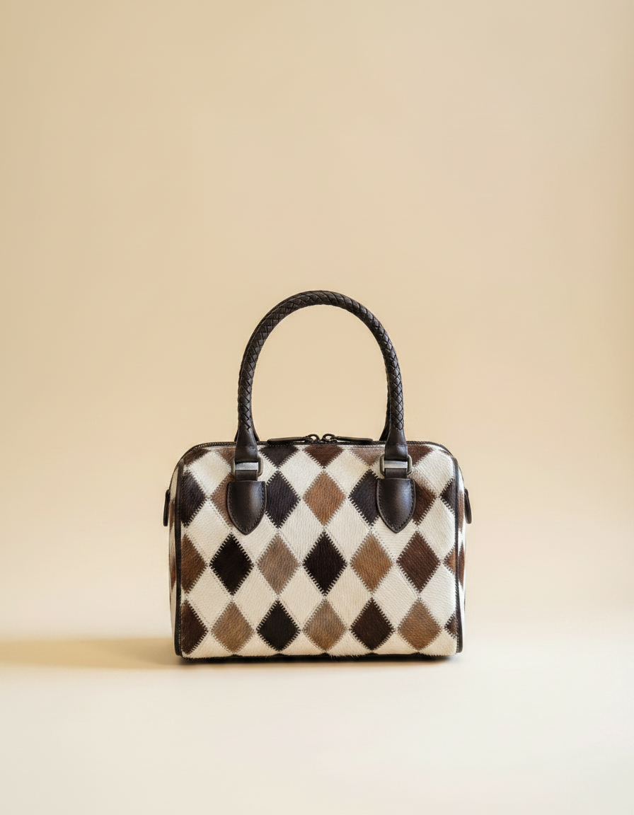 Brown and white hair-on cowhide diamond barrel bag, angled view, by Ya Qalbi